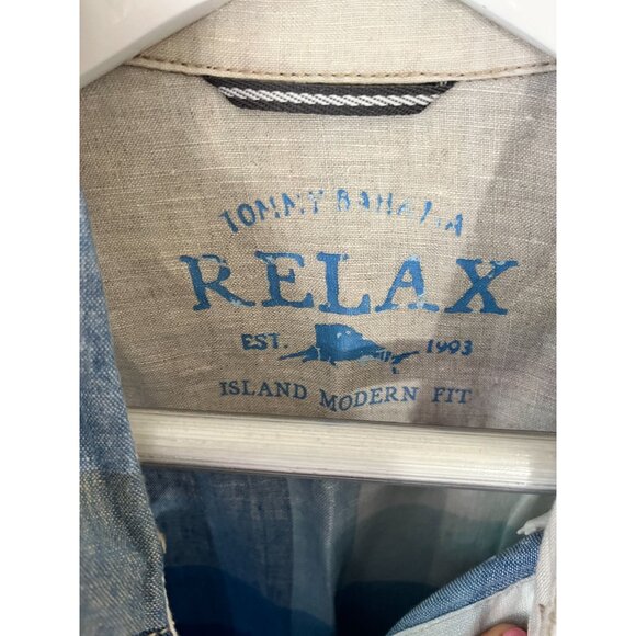 Tommy Bahama Relax Island Modern Fit Plaid Linen Short Sleeve Shirt Large Blue - Picture 3 of 11